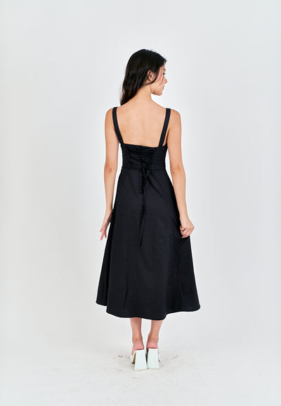 Lylie Black Square Neck Tie Bust Shoulder Strap Side Zipper with Slit Midi Dress