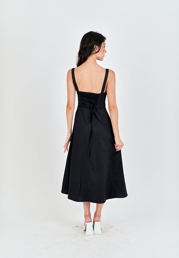 Lylie Black Square Neck Tie Bust Shoulder Strap Side Zipper with Slit Midi Dress