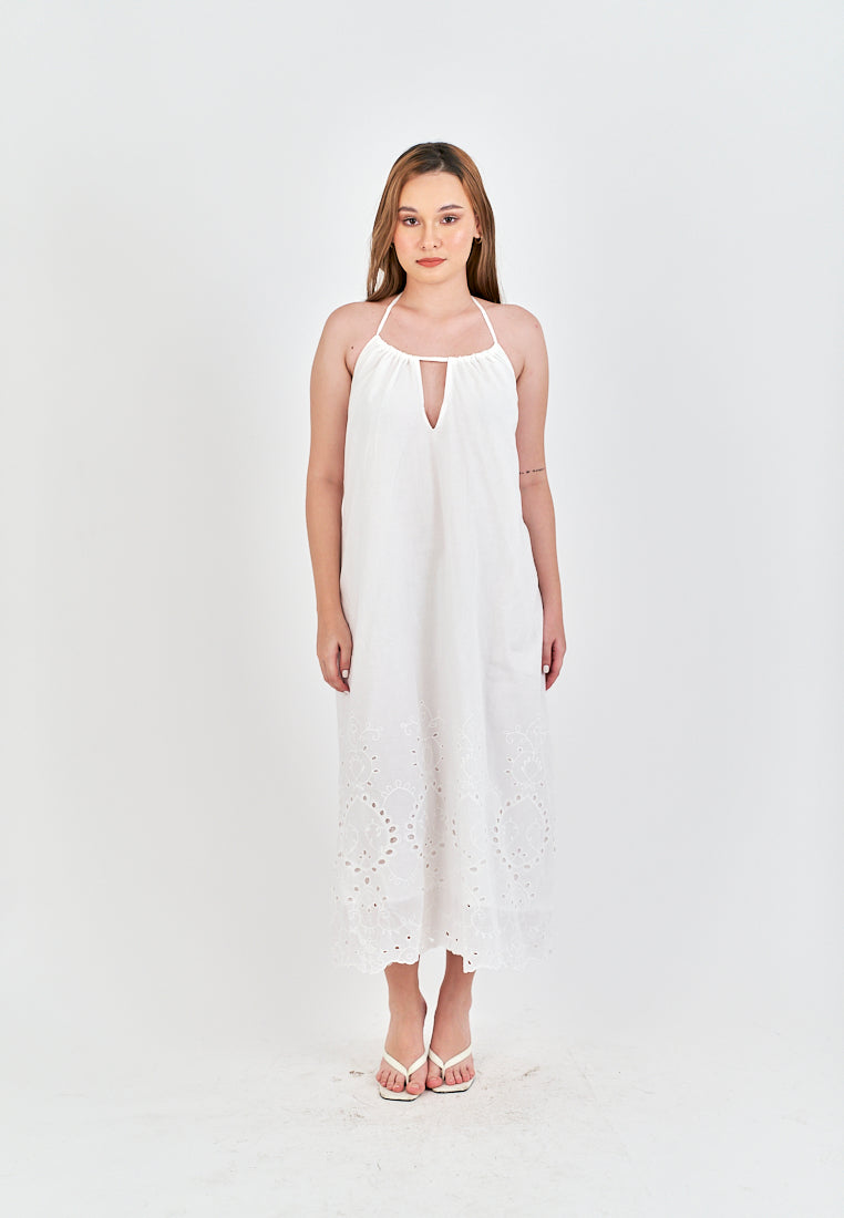Leoria White Eyelet Halter Self Tie Strap Sexy Back Midi Dress