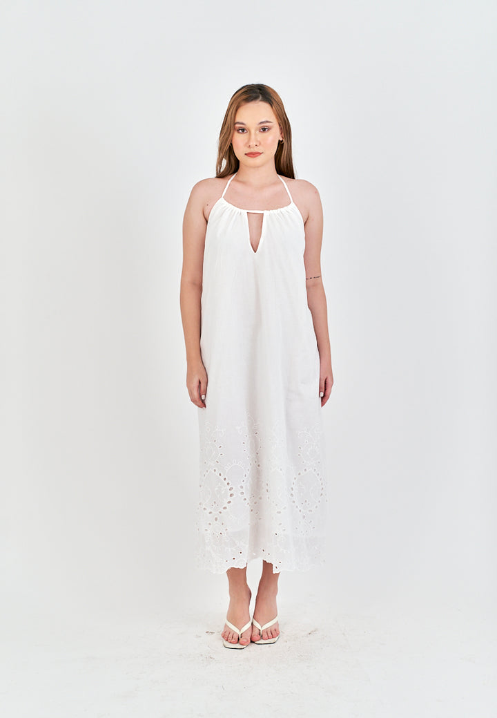 Leoria White Eyelet Halter Self Tie Strap Sexy Back Midi Dress