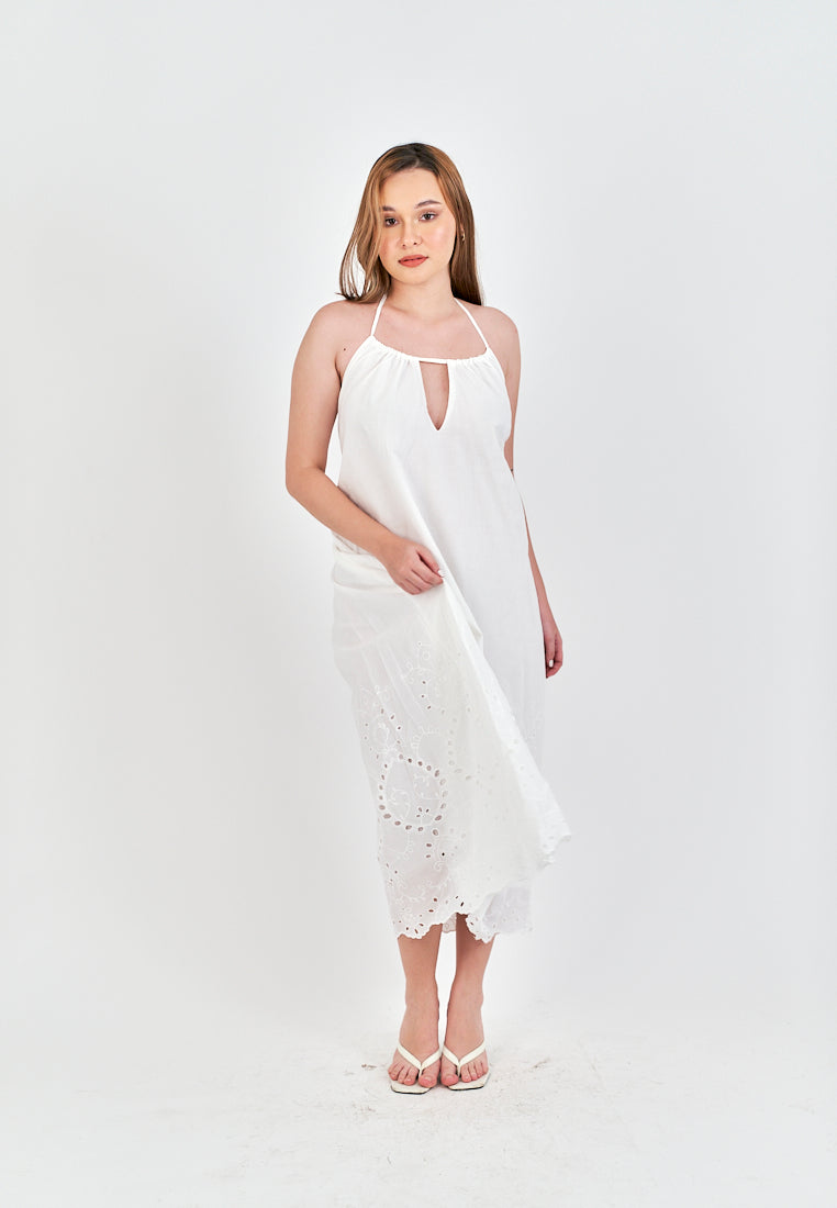 Leoria White Eyelet Halter Self Tie Strap Sexy Back Midi Dress