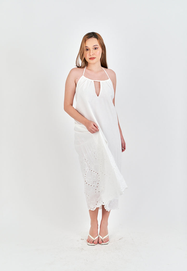 Leoria White Eyelet Halter Self Tie Strap Sexy Back Midi Dress