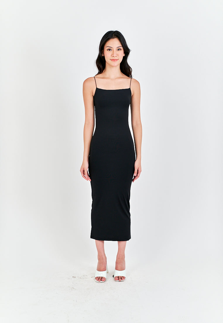 Cleonice Black Knitted Spaghetti Strap Sleeveless Midi Dress