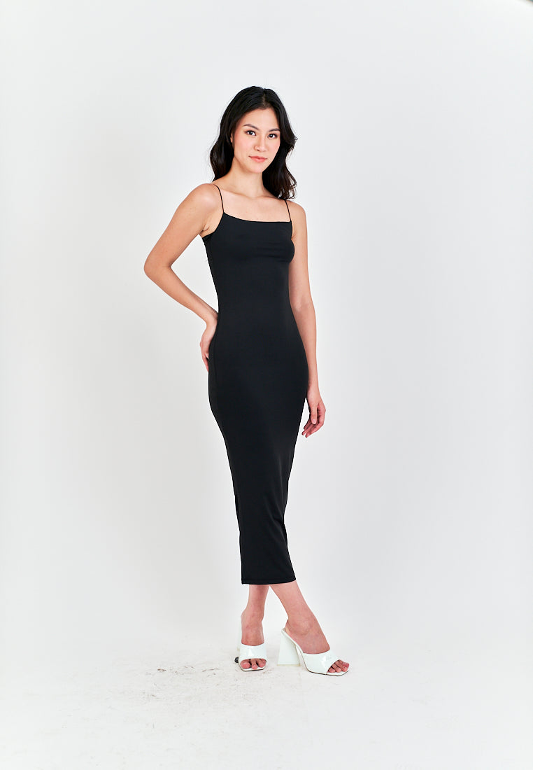 Cleonice Black Knitted Spaghetti Strap Sleeveless Midi Dress
