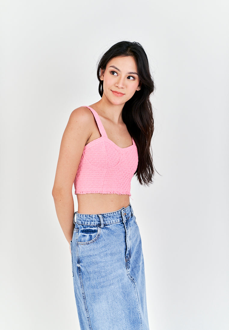 Barbie Pink Tweed Shaped Bust Side Zipper Raw Hem Sleeveless Top