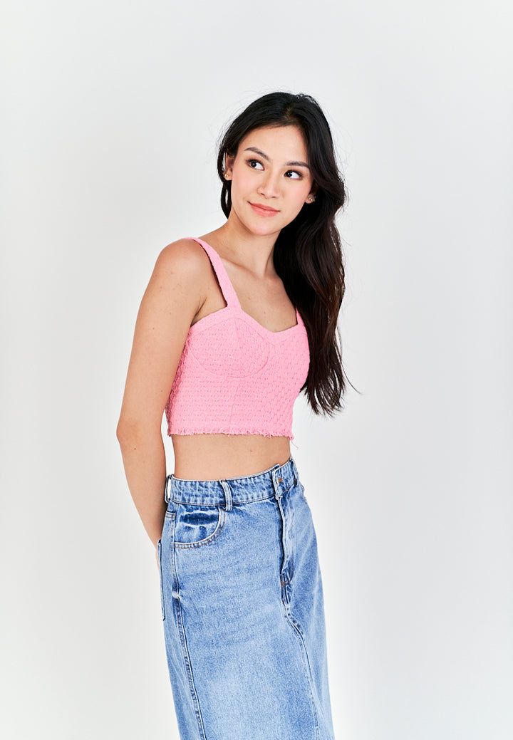 Barbie Pink Tweed Shaped Bust Side Zipper Raw Hem Sleeveless Top