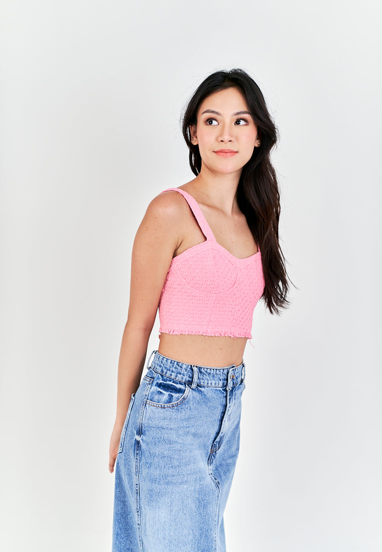 Barbie Pink Tweed Shaped Bust Side Zipper Raw Hem Sleeveless Top