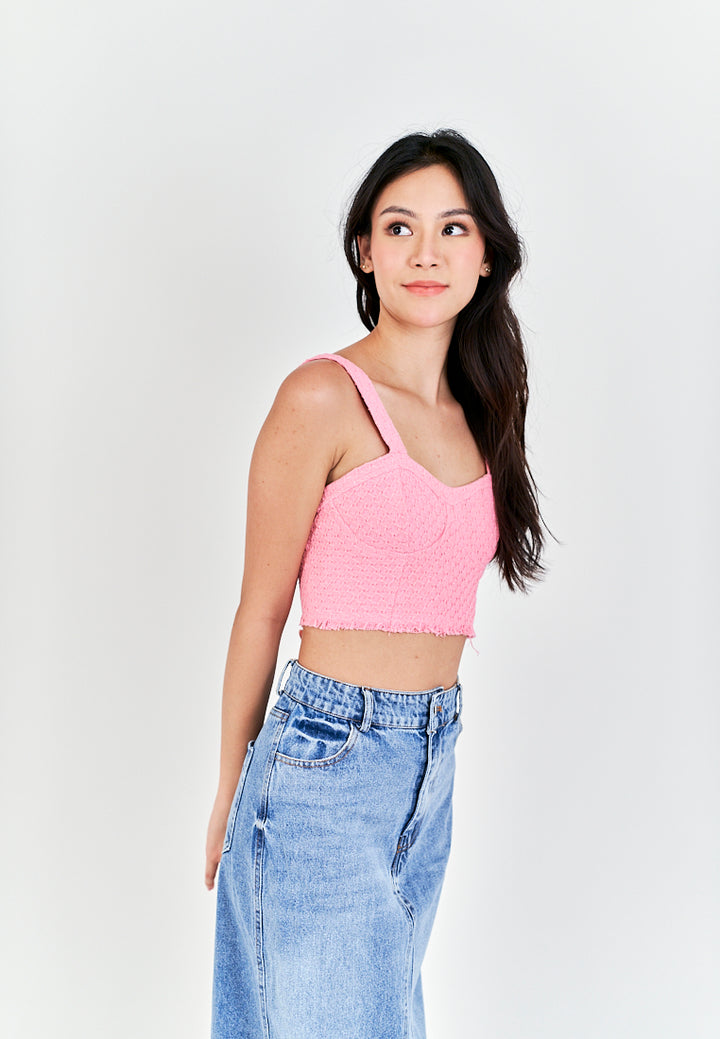 Barbie Pink Tweed Shaped Bust Side Zipper Raw Hem Sleeveless Top