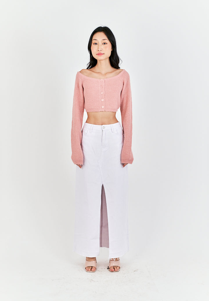 (PRE-ORDER: ETA September 15) Zacky White Denim Zipper Fly Front Slit Raw Hem Midi Skirt with Belt Loop