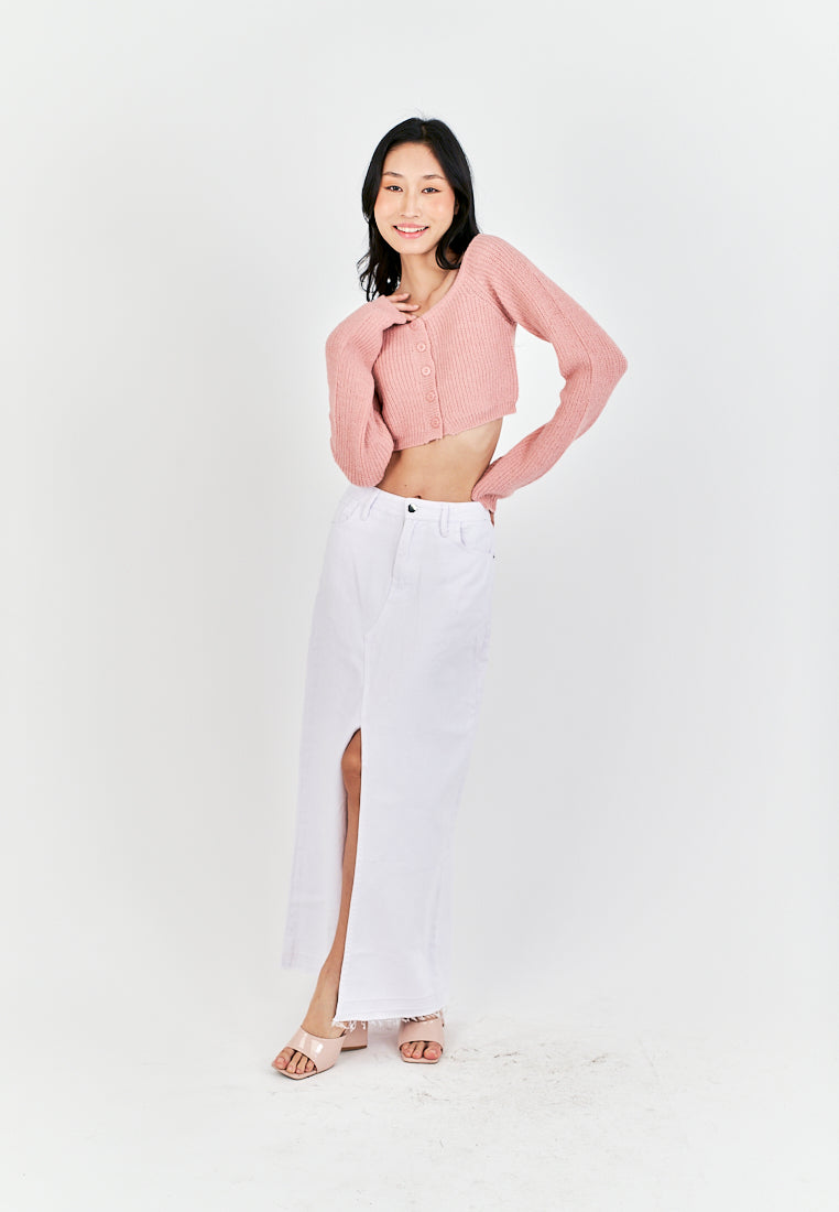 (PRE-ORDER: ETA September 15) Zacky White Denim Zipper Fly Front Slit Raw Hem Midi Skirt with Belt Loop