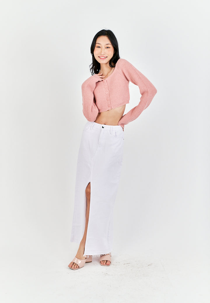 (PRE-ORDER: ETA September 15) Zacky White Denim Zipper Fly Front Slit Raw Hem Midi Skirt with Belt Loop