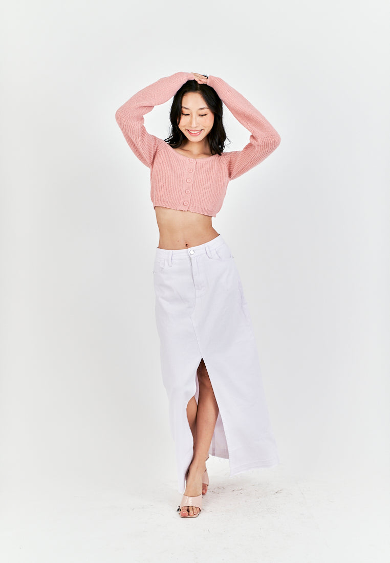 (PRE-ORDER: ETA September 15) Zacky White Denim Zipper Fly Front Slit Raw Hem Midi Skirt with Belt Loop