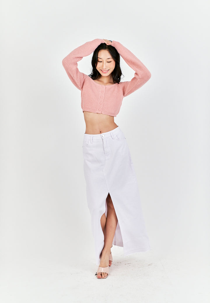 (PRE-ORDER: ETA September 15) Zacky White Denim Zipper Fly Front Slit Raw Hem Midi Skirt with Belt Loop