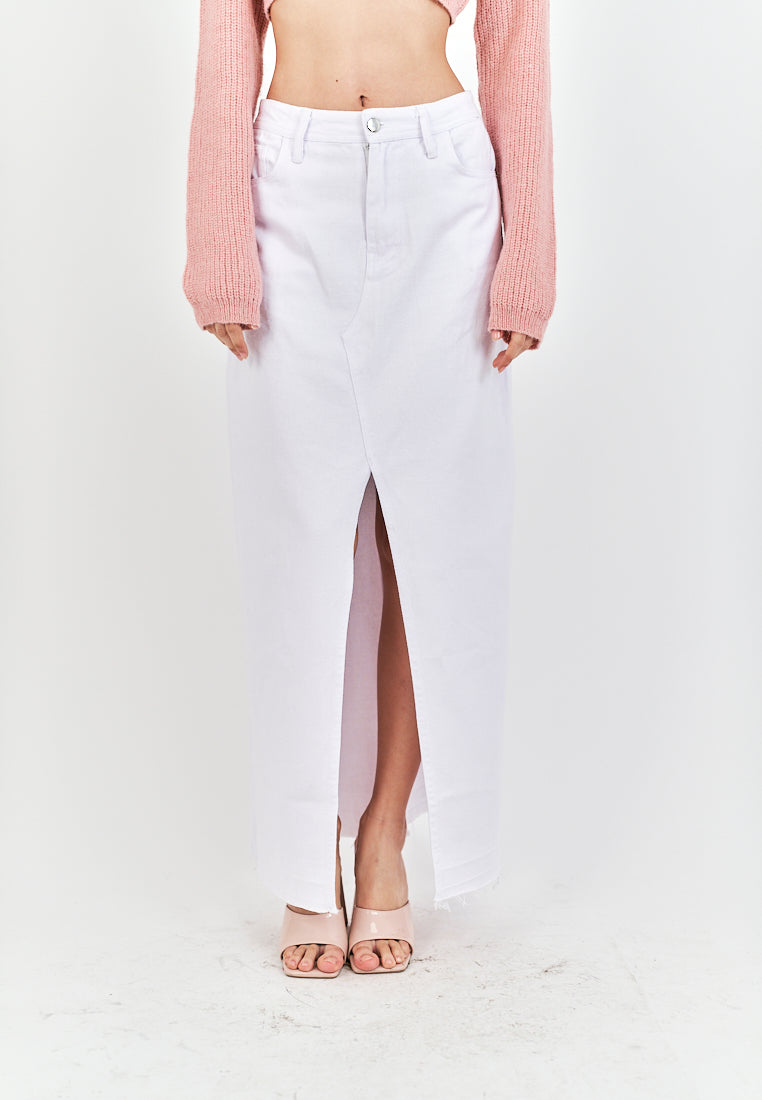 (PRE-ORDER: ETA September 15) Zacky White Denim Zipper Fly Front Slit Raw Hem Midi Skirt with Belt Loop