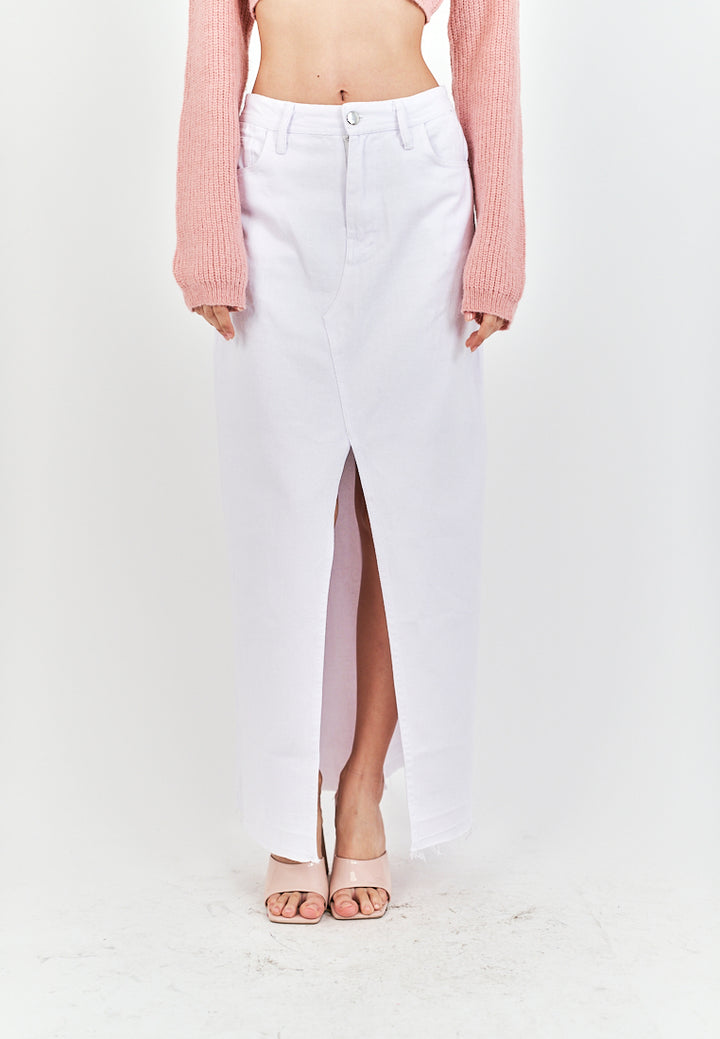 (PRE-ORDER: ETA September 15) Zacky White Denim Zipper Fly Front Slit Raw Hem Midi Skirt with Belt Loop