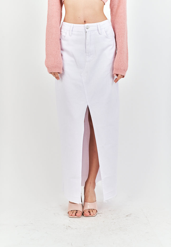 (PRE-ORDER: ETA September 15) Zacky White Denim Zipper Fly Front Slit Raw Hem Midi Skirt with Belt Loop