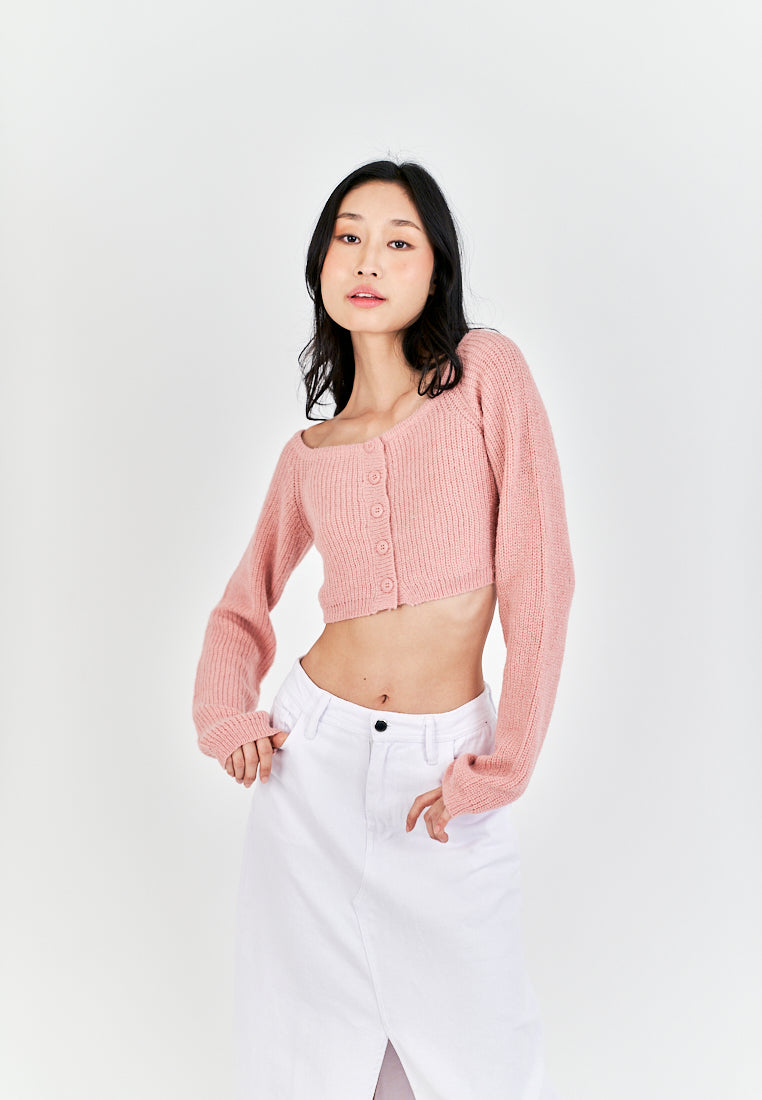 Avone Pink Knitted Button Down Long Seeves Crop Top