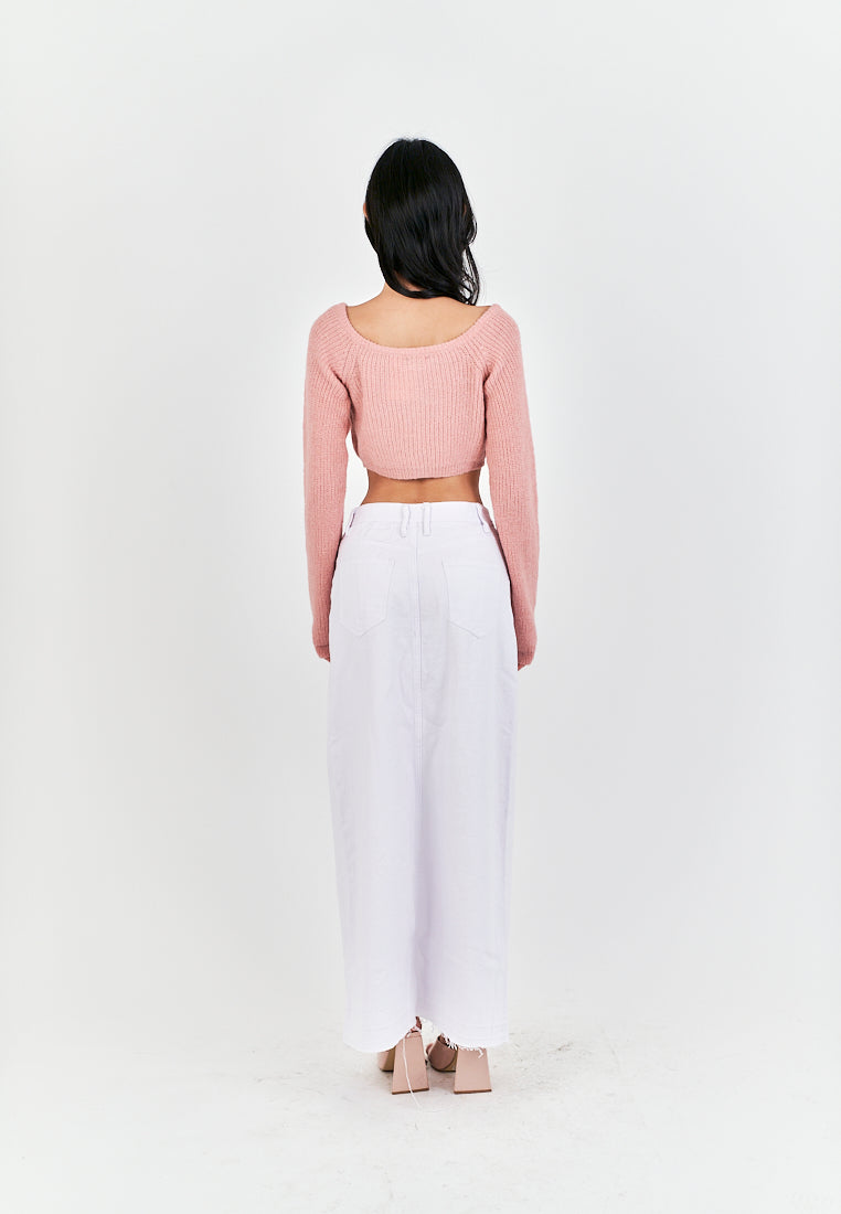 (PRE-ORDER: ETA September 15) Zacky White Denim Zipper Fly Front Slit Raw Hem Midi Skirt with Belt Loop