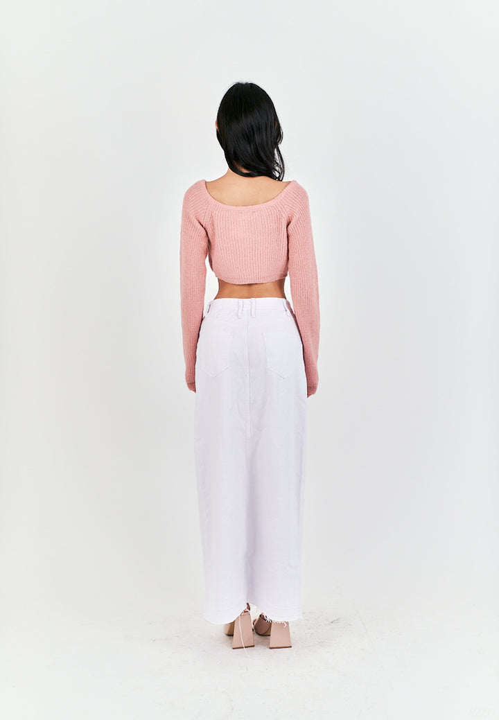 (PRE-ORDER: ETA September 15) Zacky White Denim Zipper Fly Front Slit Raw Hem Midi Skirt with Belt Loop