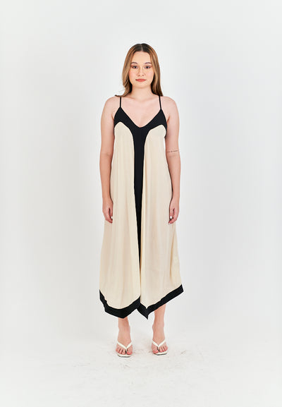 Avi White with Black Edges V Neck Adjustable Spaghetti Strap Midi Dress