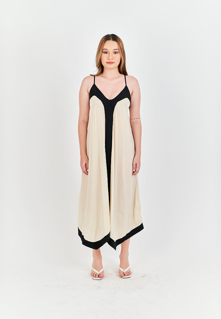 Avi White with Black Edges V Neck Adjustable Spaghetti Strap Midi Dress