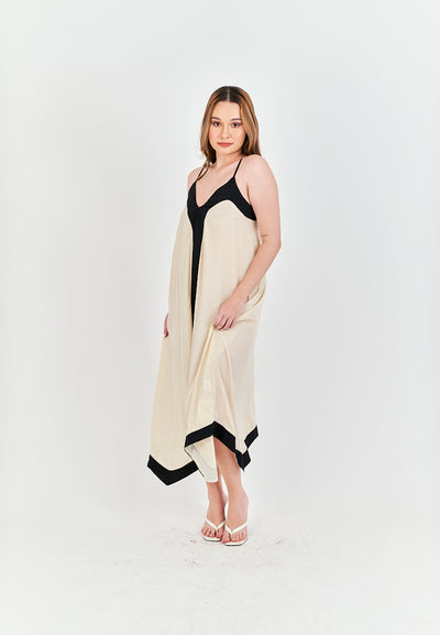 Avi White with Black Edges V Neck Adjustable Spaghetti Strap Midi Dress