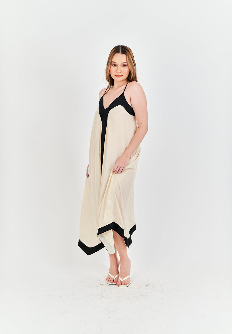 Avi White with Black Edges V Neck Adjustable Spaghetti Strap Midi Dress