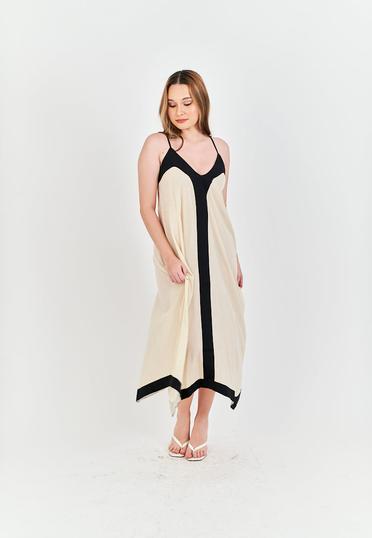 Avi White with Black Edges V Neck Adjustable Spaghetti Strap Midi Dress