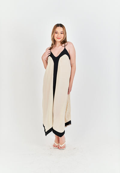 Avi White with Black Edges V Neck Adjustable Spaghetti Strap Midi Dress
