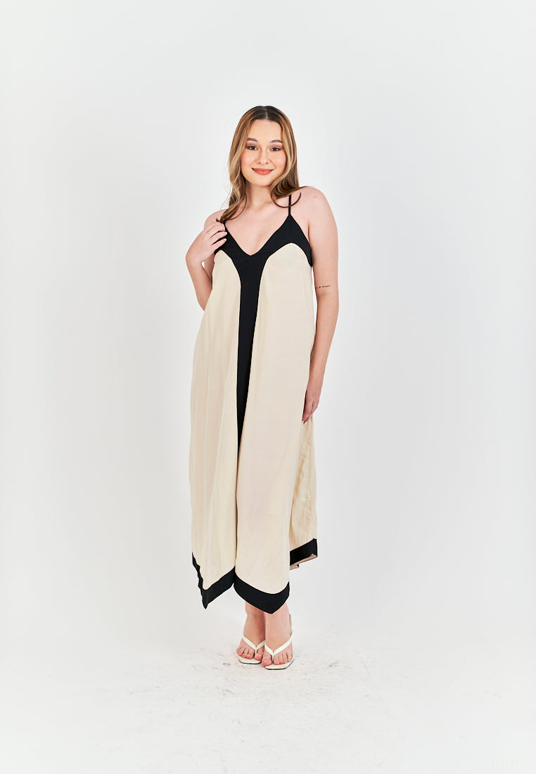 Avi White with Black Edges V Neck Adjustable Spaghetti Strap Midi Dress