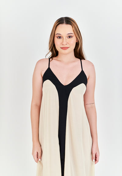 Avi White with Black Edges V Neck Adjustable Spaghetti Strap Midi Dress