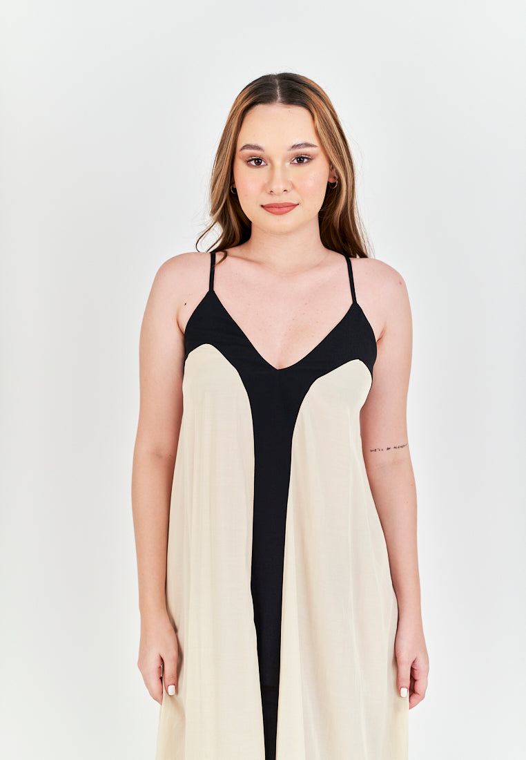 Avi White with Black Edges V Neck Adjustable Spaghetti Strap Midi Dress