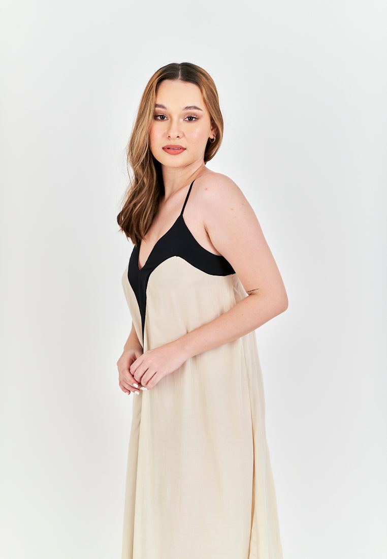 Avi White with Black Edges V Neck Adjustable Spaghetti Strap Midi Dress