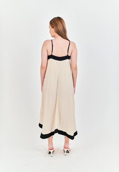 Avi White with Black Edges V Neck Adjustable Spaghetti Strap Midi Dress