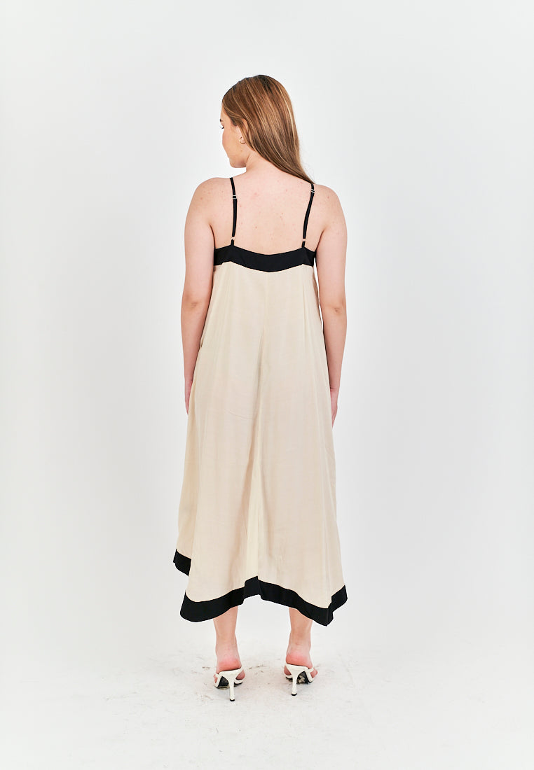 Avi White with Black Edges V Neck Adjustable Spaghetti Strap Midi Dress