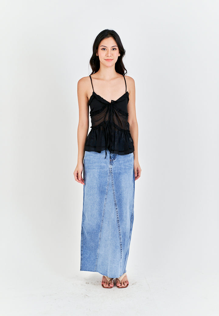 Monina Black Lace Up Front Bow Sleeveless Tiered Ruffle Hem Cami Top