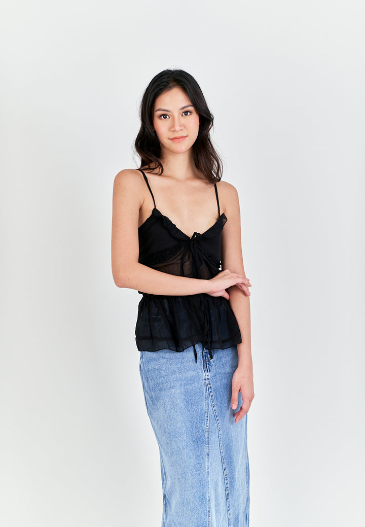 Monina Black Lace Up Front Bow Sleeveless Tiered Ruffle Hem Cami Top