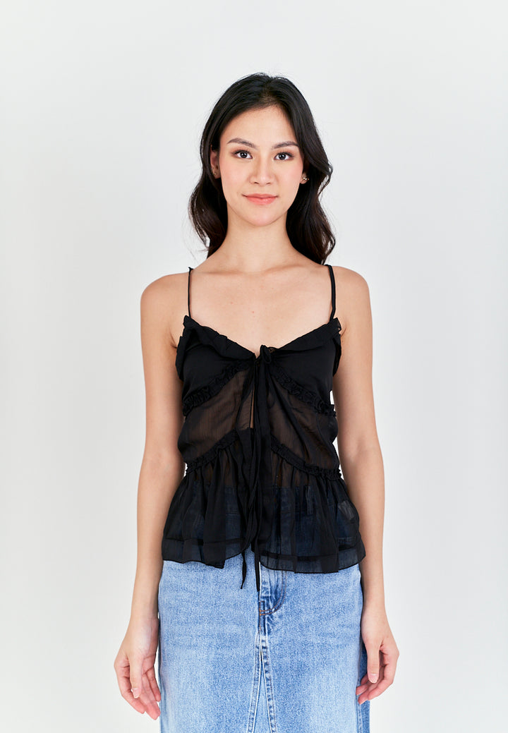 Monina Black Lace Up Front Bow Sleeveless Tiered Ruffle Hem Cami Top
