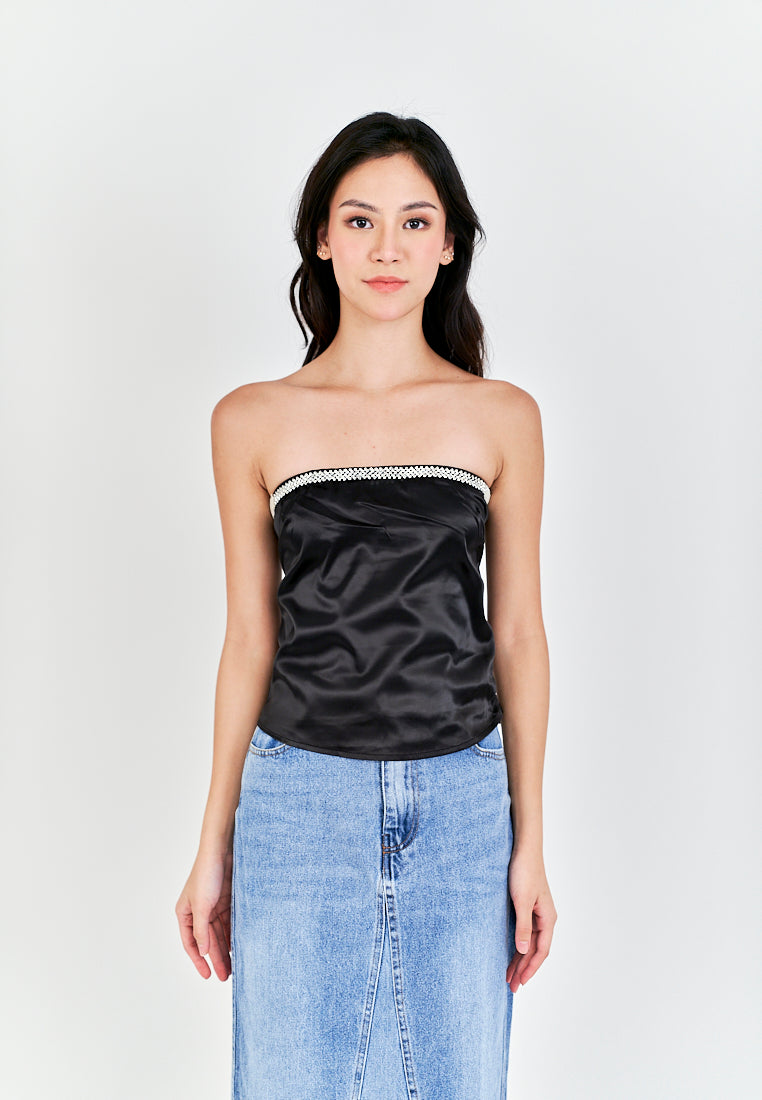 Loure Black Rhinestones Neckline Side Zipper Pleat Tube Top