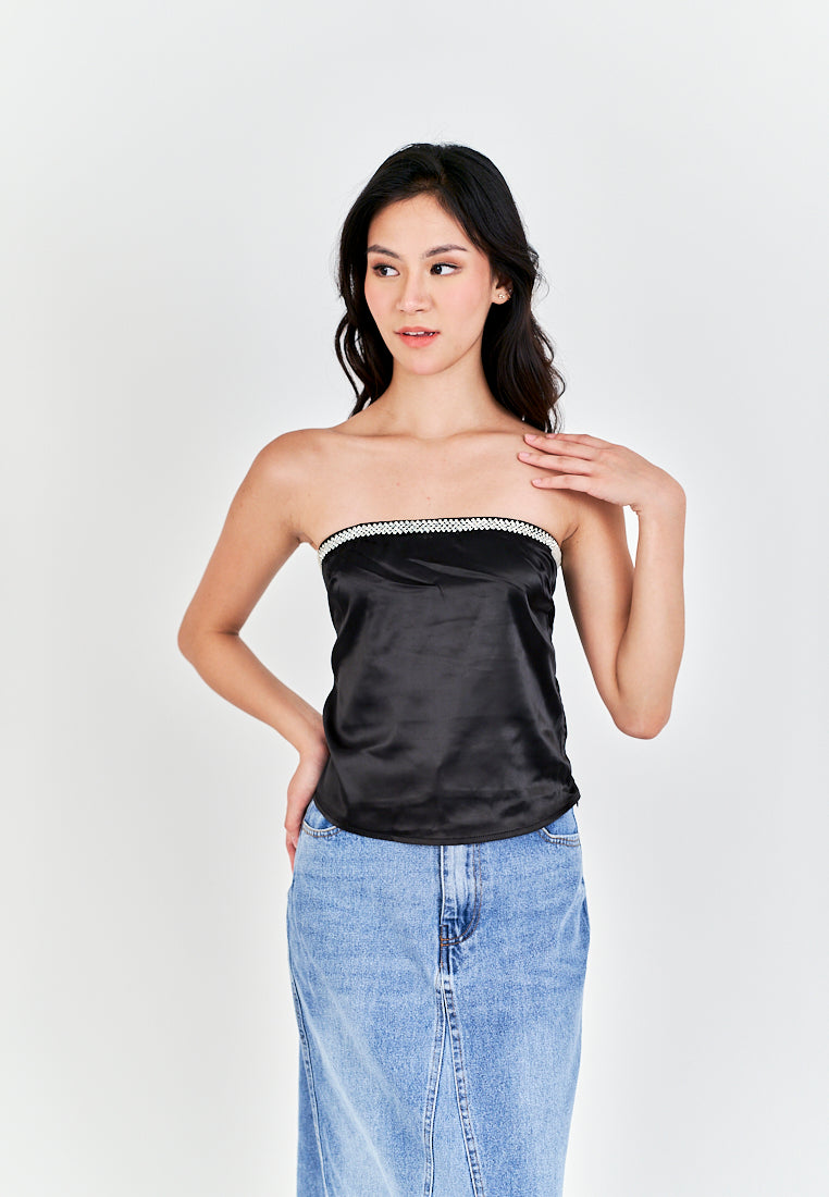 Loure Black Rhinestones Neckline Side Zipper Pleat Tube Top