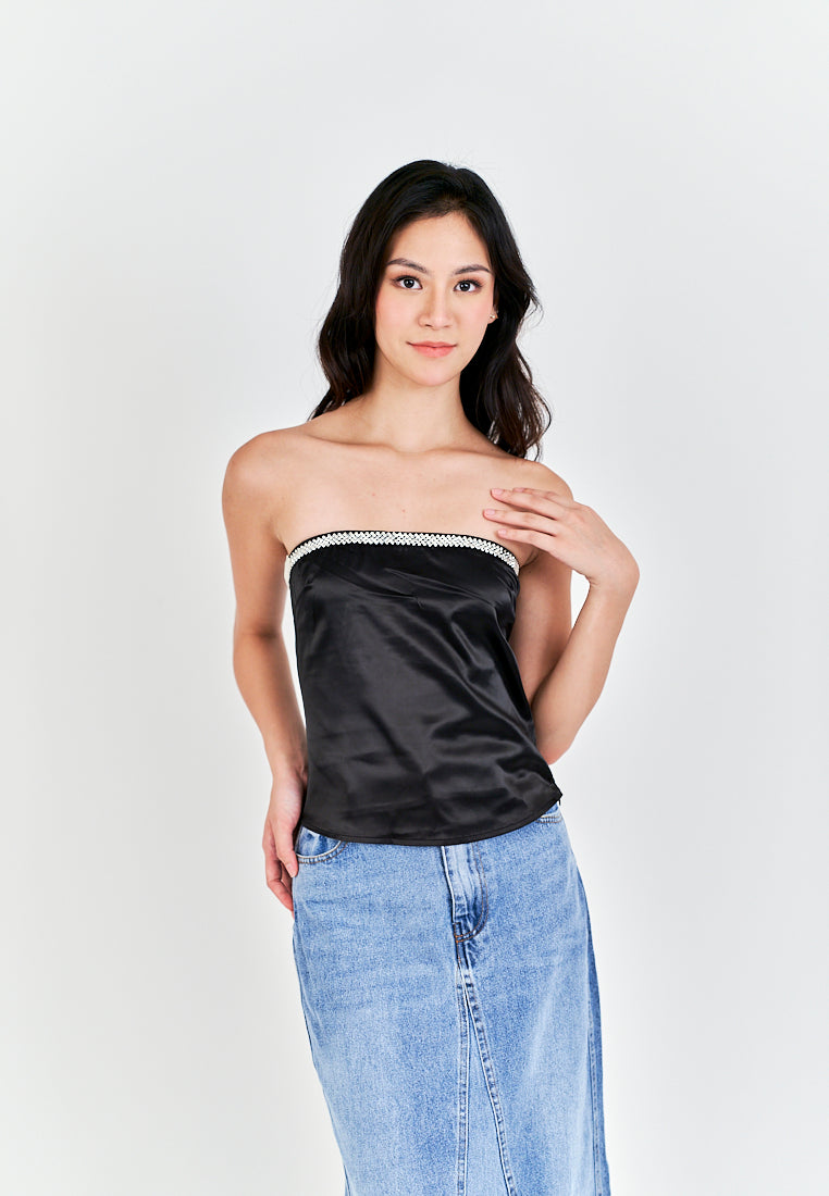 Loure Black Rhinestones Neckline Side Zipper Pleat Tube Top