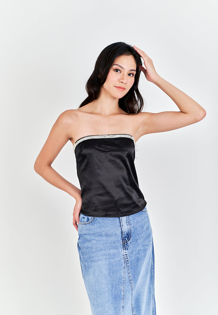 Loure Black Rhinestones Neckline Side Zipper Pleat Tube Top
