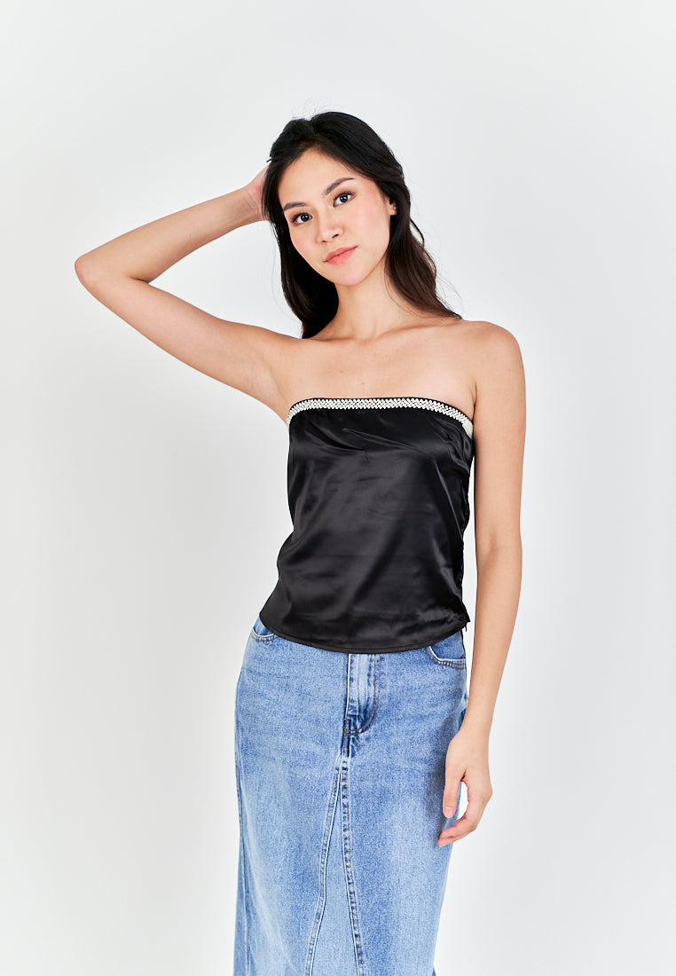 Loure Black Rhinestones Neckline Side Zipper Pleat Tube Top