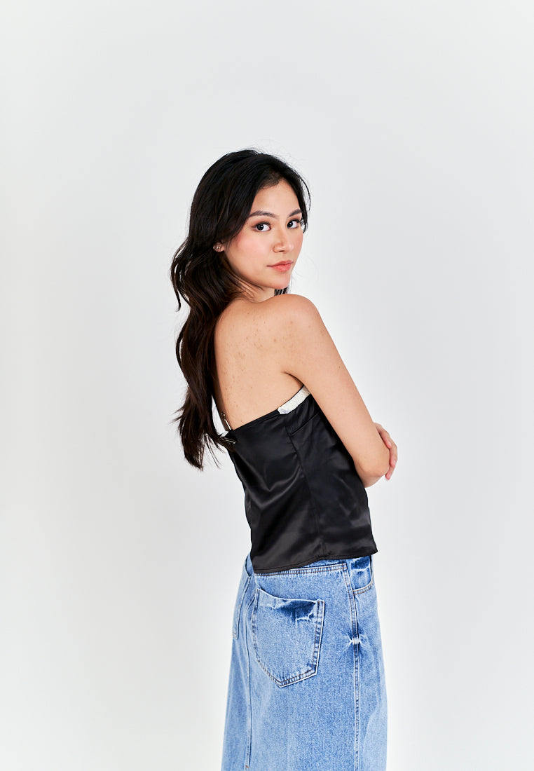 Loure Black Rhinestones Neckline Side Zipper Pleat Tube Top