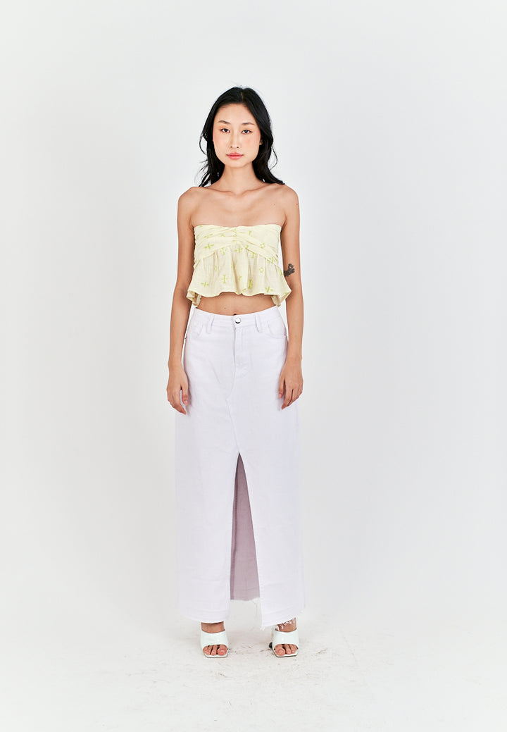 Meira Beige with Green Details Pleated Bust Smock Back Tube Top