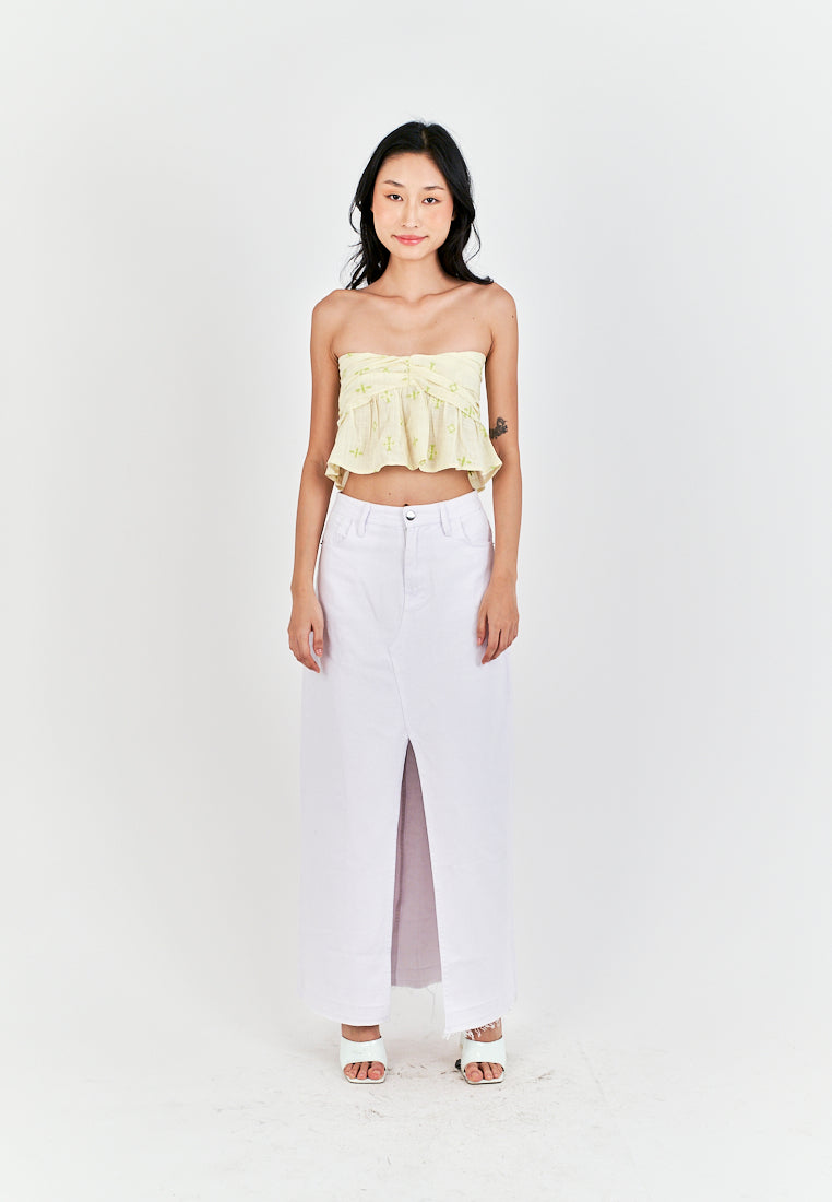 Meira Beige with Green Details Pleated Bust Smock Back Tube Top