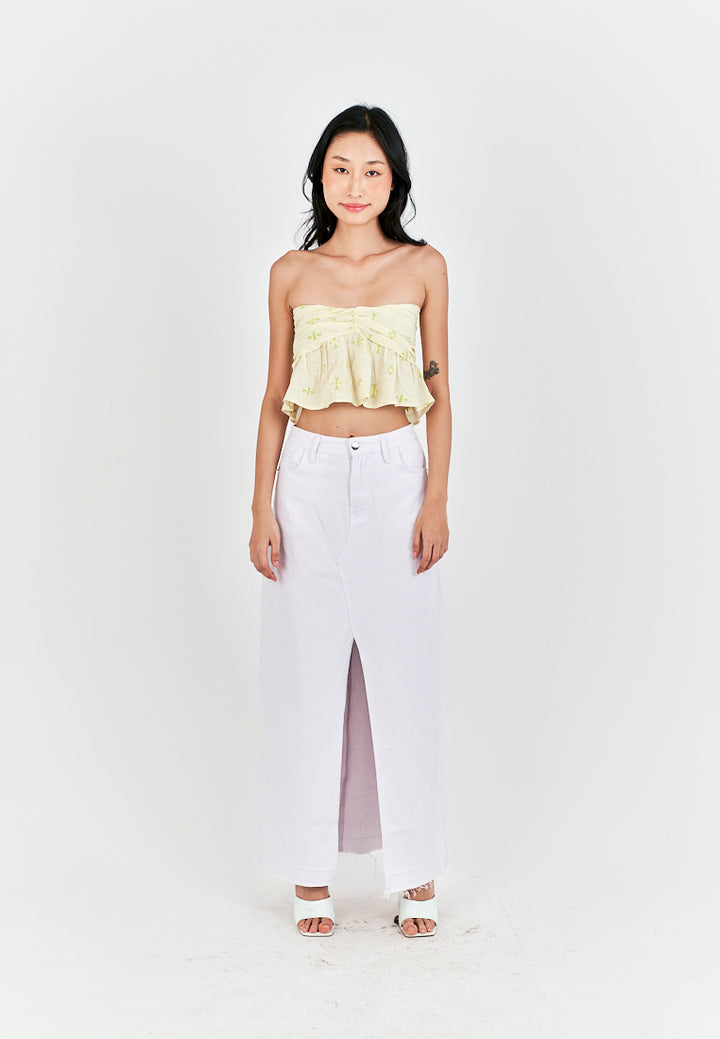 Meira Beige with Green Details Pleated Bust Smock Back Tube Top