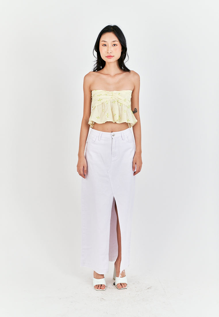Meira Beige with Green Details Pleated Bust Smock Back Tube Top