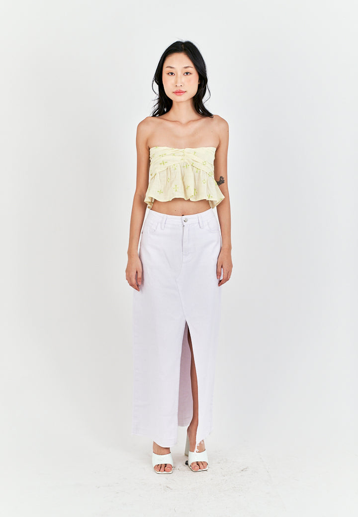 Meira Beige with Green Details Pleated Bust Smock Back Tube Top