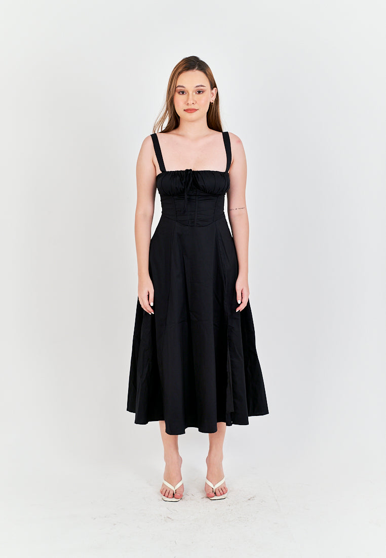 Lylie Black Square Neck Tie Bust Shoulder Strap Side Zipper with Slit Midi Dress